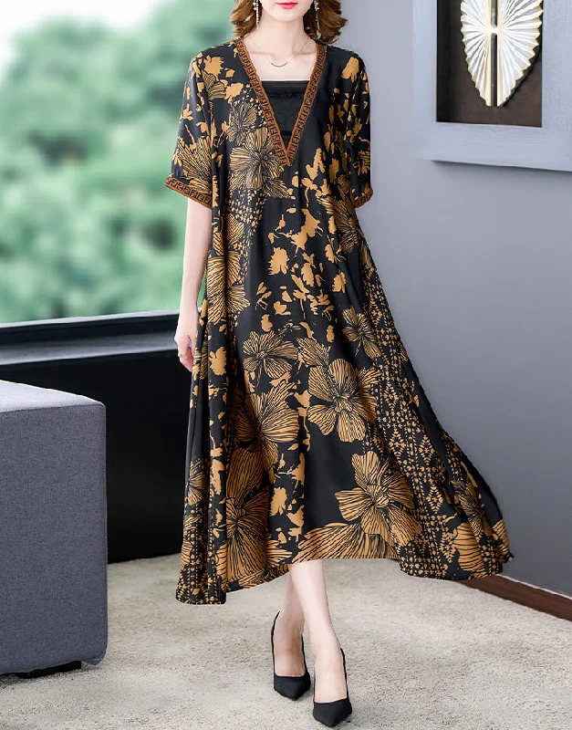 Women's summer V-neck loose print fake two piece style dress