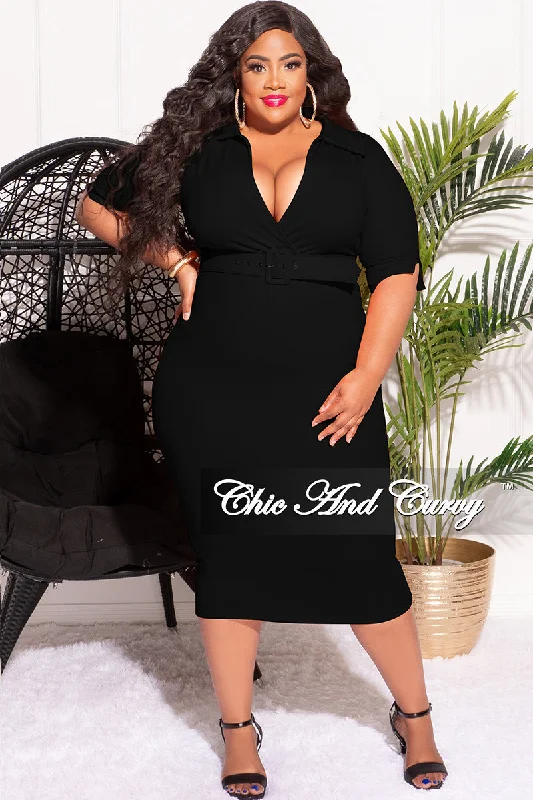 Final Sale Plus Size Collar Faux Wrap Belted BodyCon Dress in Black