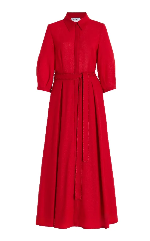 Andy Pleated Shirtdress in Scarlet Red Virgin Wool Gauze