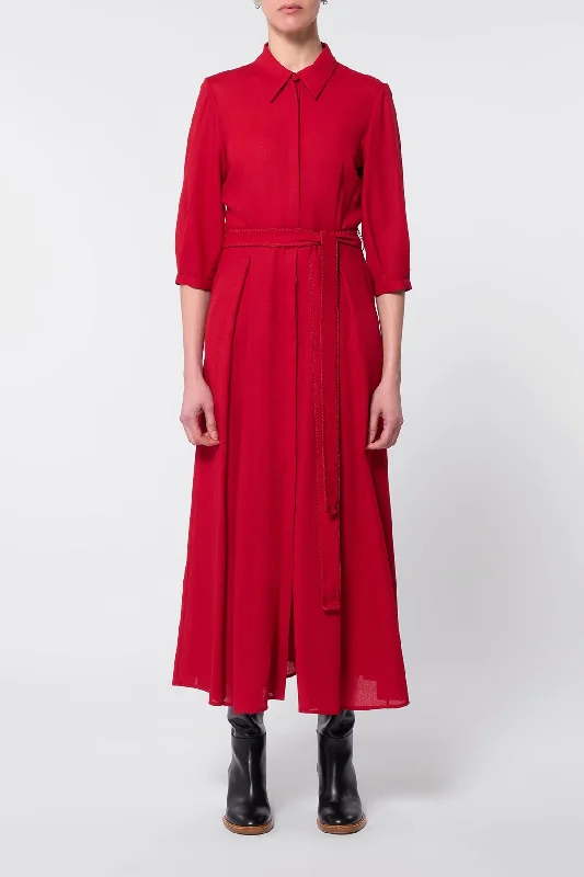 Andy Pleated Shirtdress in Scarlet Red Virgin Wool Gauze