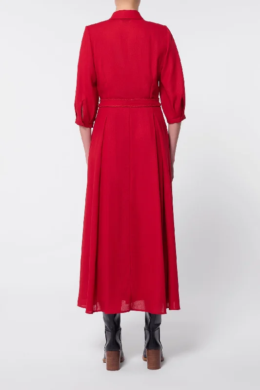 Andy Pleated Shirtdress in Scarlet Red Virgin Wool Gauze