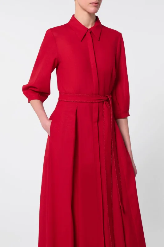 Andy Pleated Shirtdress in Scarlet Red Virgin Wool Gauze