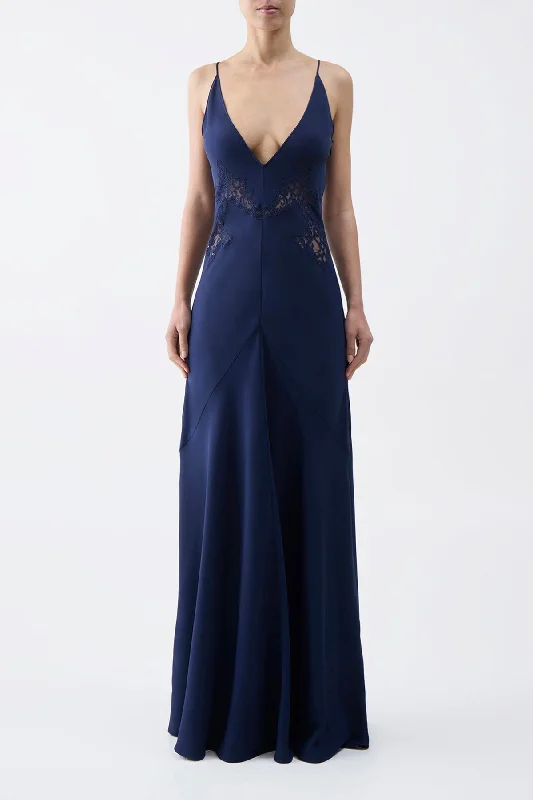 Apuleius Lace Dress in Navy Silk Crepe