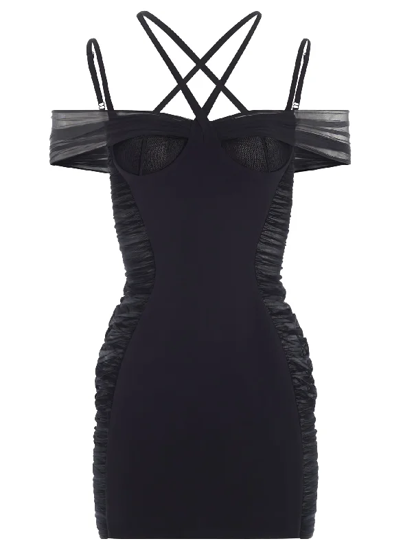 black ruched halter mini dress