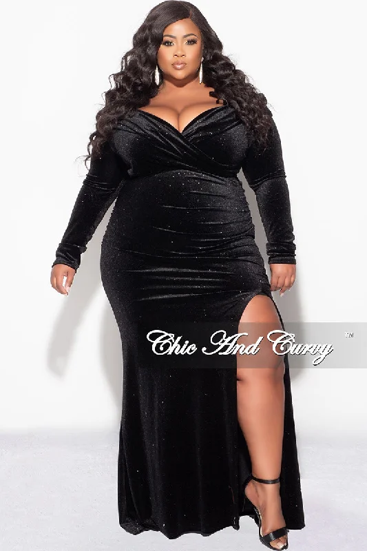 Final Sale Plus Size Glitter Off the Shoulder Velvet Gown with Slide Slit in Black