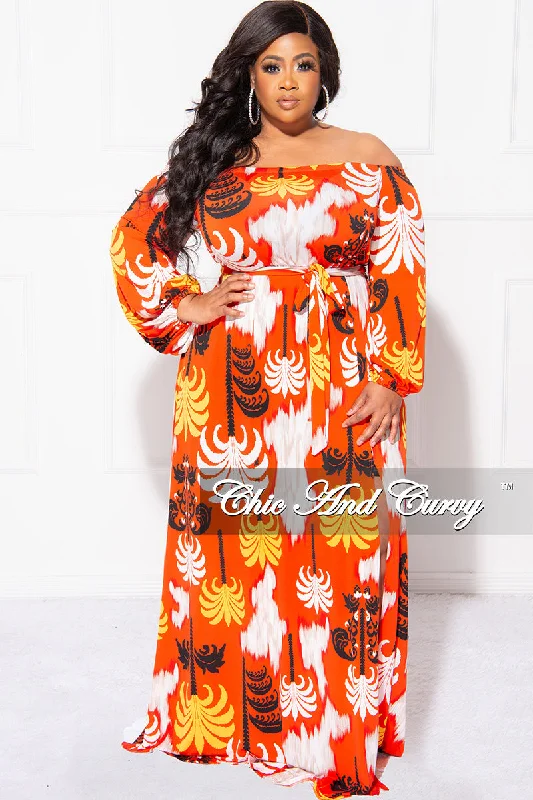 Final Sale Plus Size Off The Shoulder Dress with High Front split in Orange, Red, Yellow, Black & White