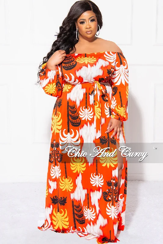 Final Sale Plus Size Off The Shoulder Dress with High Front split in Orange, Red, Yellow, Black & White