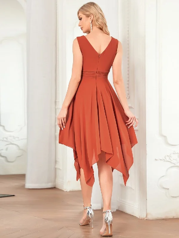 V Neck Ruched Asymmetrical Hems Midi Chiffon Bridesmaid Dress