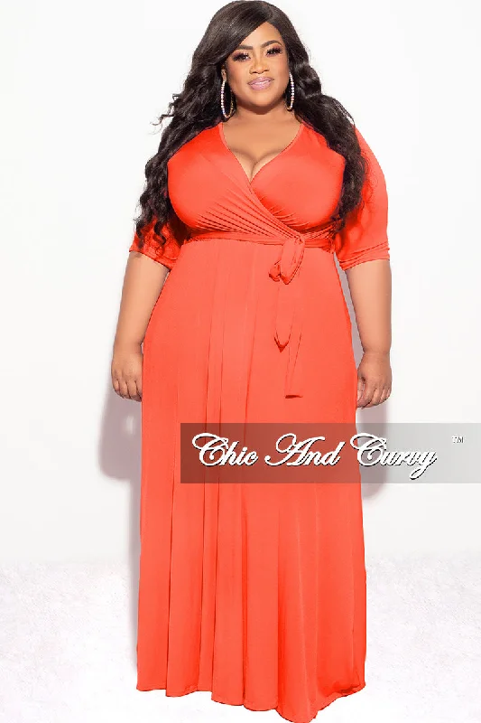 Final Sale Plus Size Deep V Faux Wrap Dress with 3/4 Sleeves in Orange