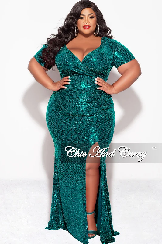 Final Sale Plus Size Evening Gown Deep V Neck Dress in Confetti Dot Knit Sequin in Emerald Green