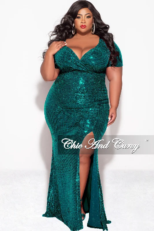 Final Sale Plus Size Evening Gown Deep V Neck Dress in Confetti Dot Knit Sequin in Emerald Green