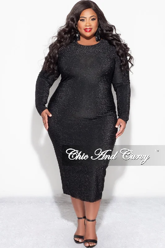 Final Sale Plus Size Midi Bodycon Dress in Black Glitter Fabric