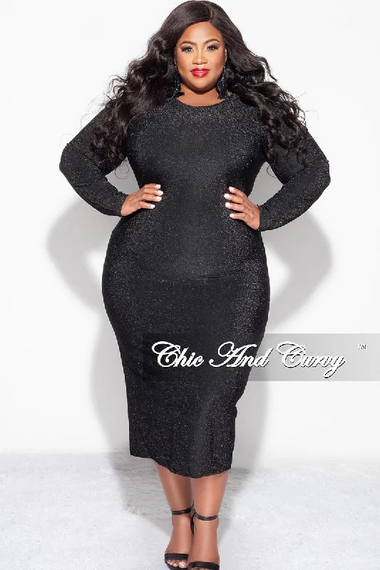 Final Sale Plus Size Midi Bodycon Dress in Black Glitter Fabric