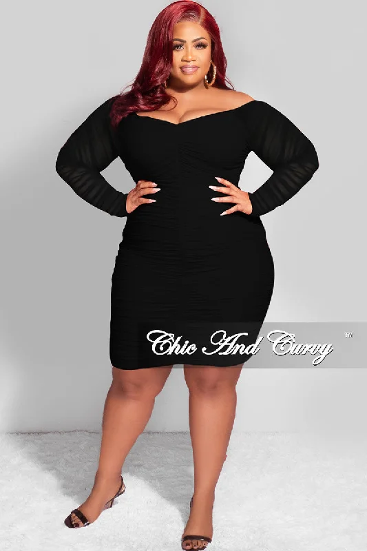 Final Sale Plus Size Ruched Off The Shoulder Mini Dress in Black Mesh