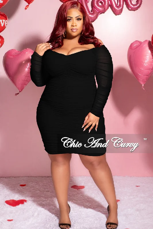 Final Sale Plus Size Ruched Off The Shoulder Mini Dress in Black Mesh