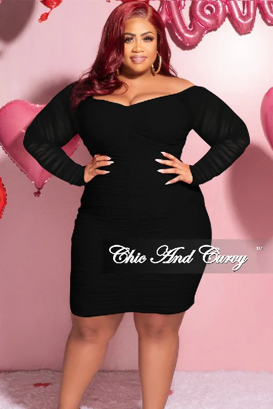 Final Sale Plus Size Ruched Off The Shoulder Mini Dress in Black Mesh