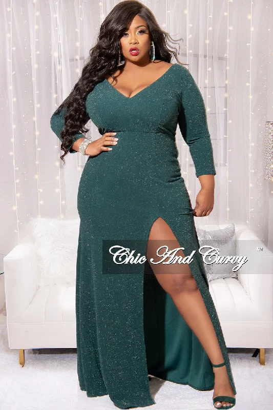 Final Sale Plus Size Shimmer Gown with Front Slit in Green