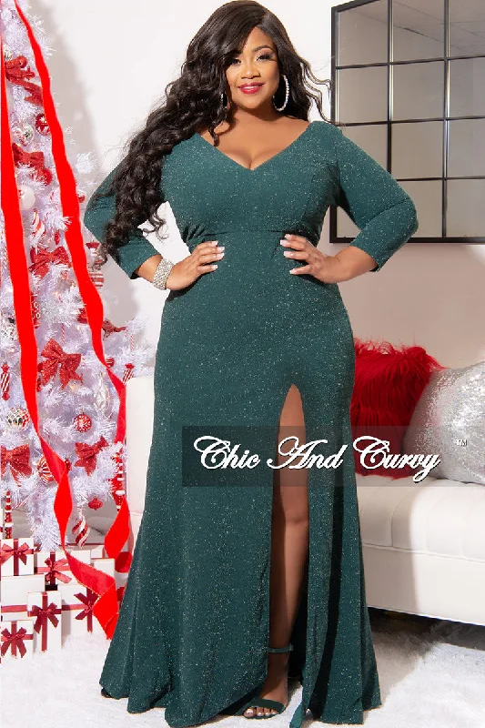 Final Sale Plus Size Shimmer Gown with Front Slit in Green