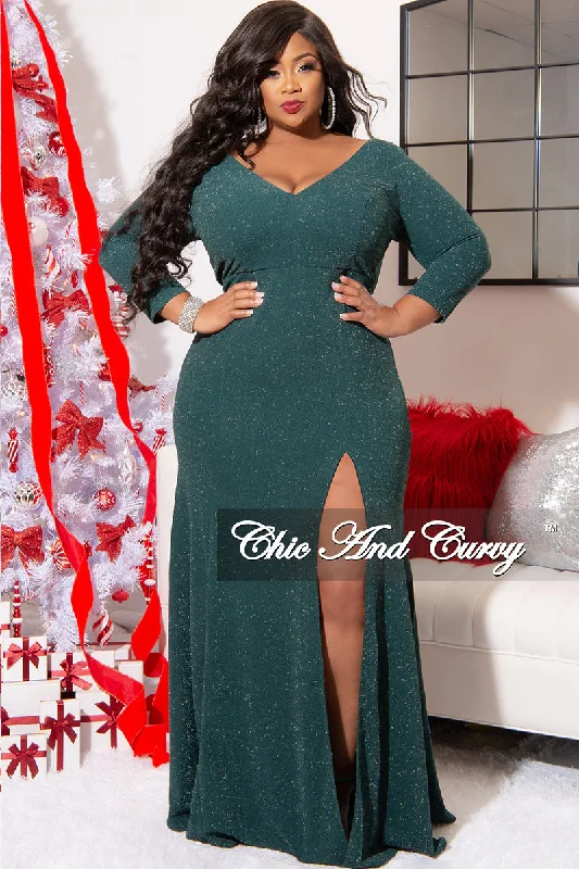 Final Sale Plus Size Shimmer Gown with Front Slit in Green