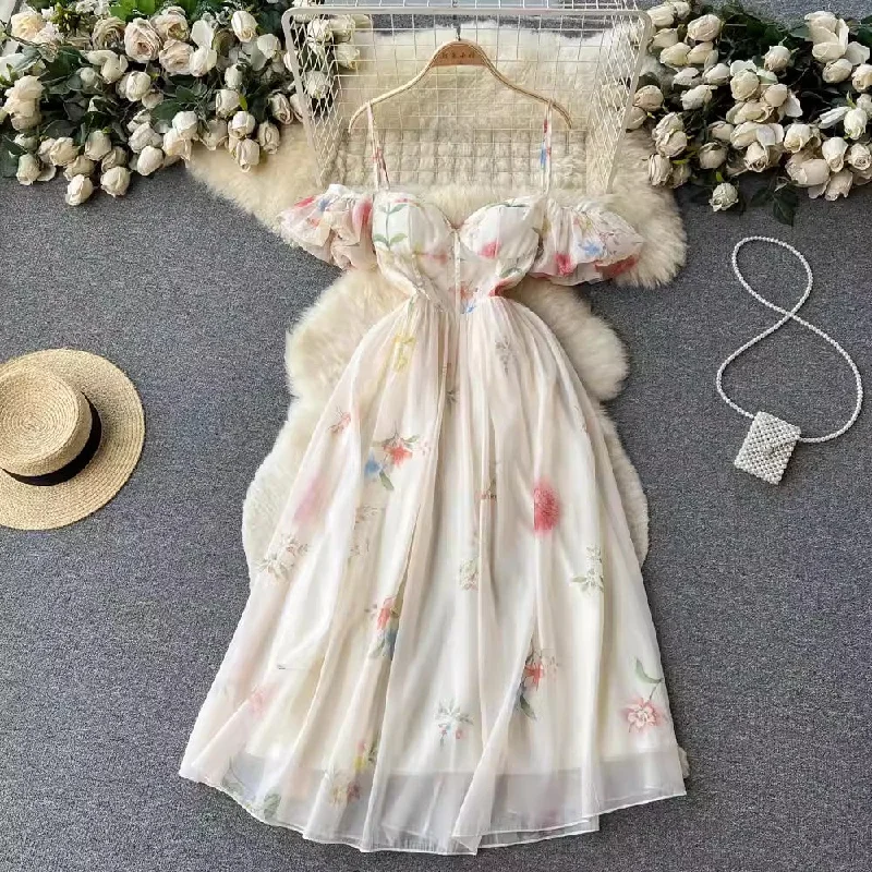 French tube top suspender dress for women floral puff sleeves mesh skirt      S4529