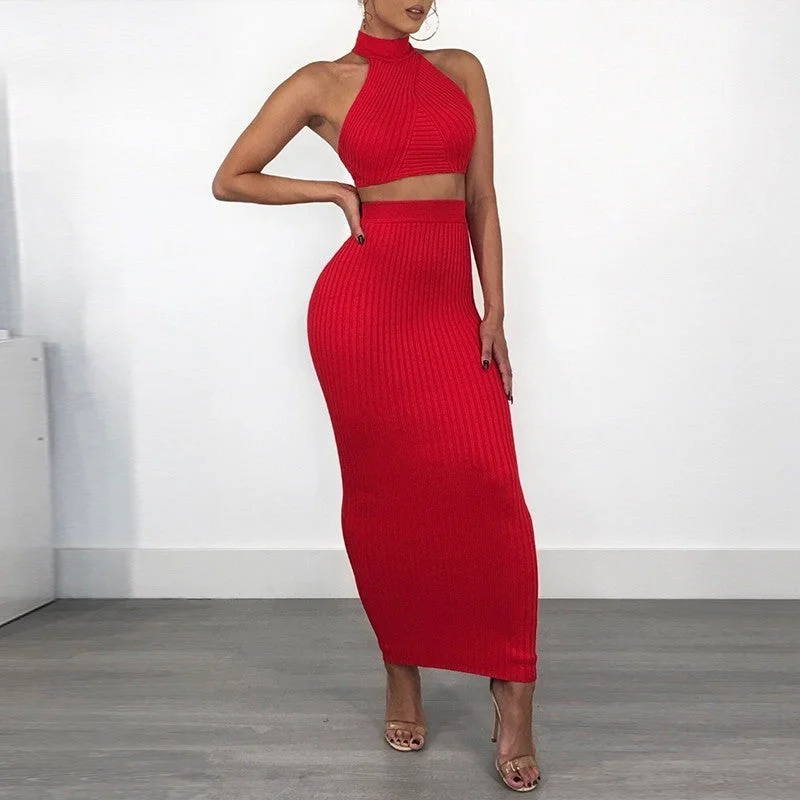 Halter Backless Knitted Bodycon Two Piece Dresses