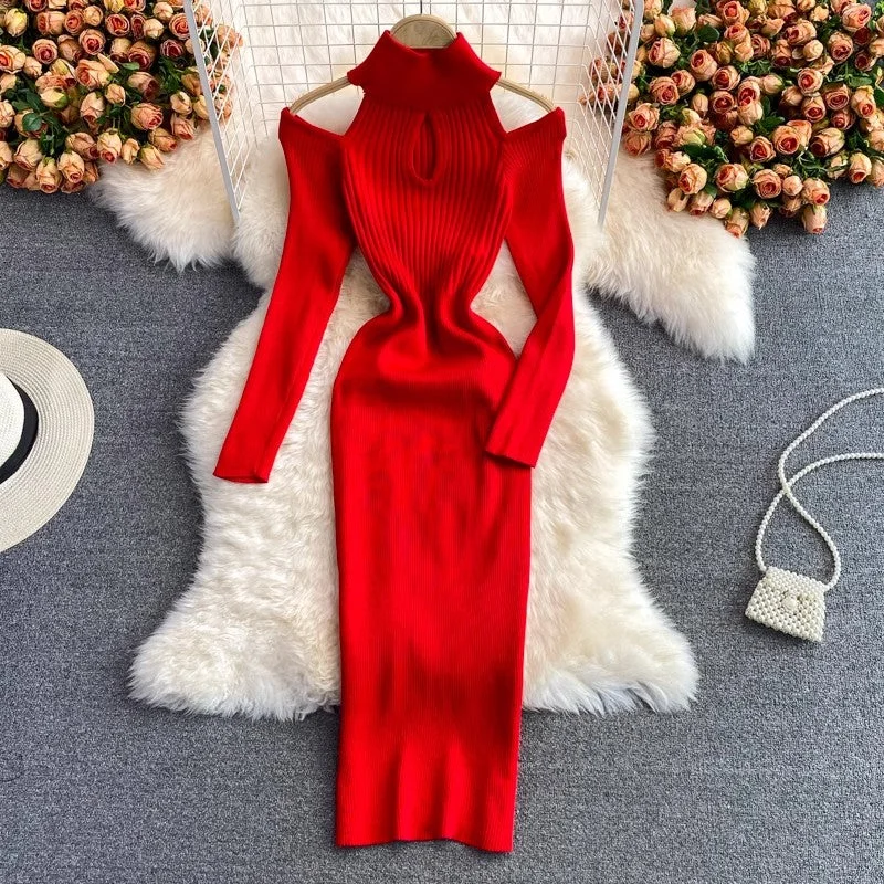 knitted stretch dress women's new strapless sweater dress fashionable long skirt    S4041