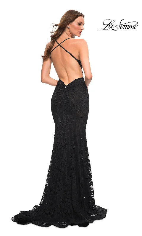 La Femme Open-Back V-Neck Long Lace Prom Dress