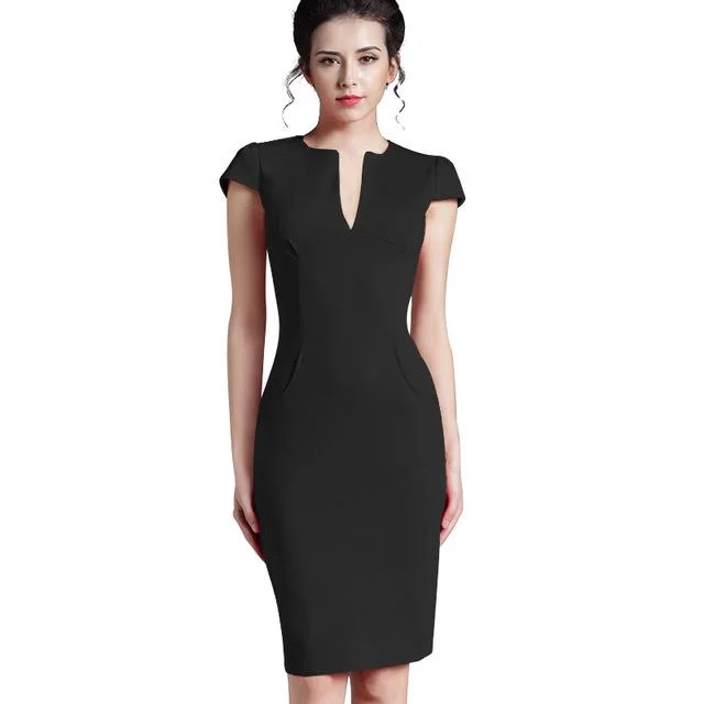 Office Women's Vintage Summer Solid Deep V Neck Zipper Back Formal Dress