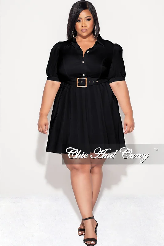 Final Sale Plus Size Collar Button Up Pleated Dress with Belt in Black