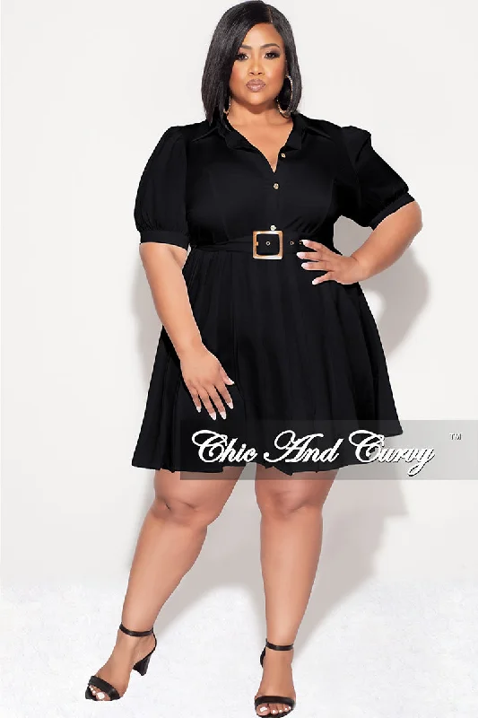 Final Sale Plus Size Collar Button Up Pleated Dress with Belt in Black