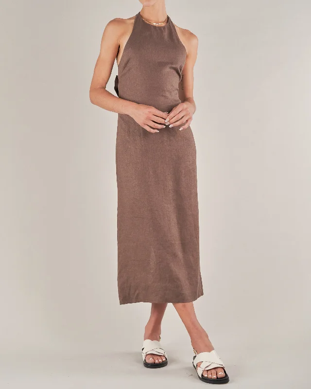 Santa Cruz Linen Halterneck Dress - Chocolate