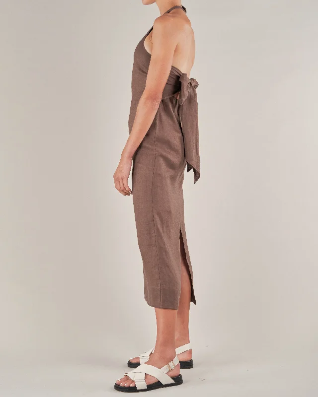 Santa Cruz Linen Halterneck Dress - Chocolate