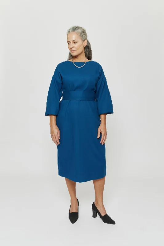 Stefanie | Winter Dress with Kimono Belt in Petrol-Blue