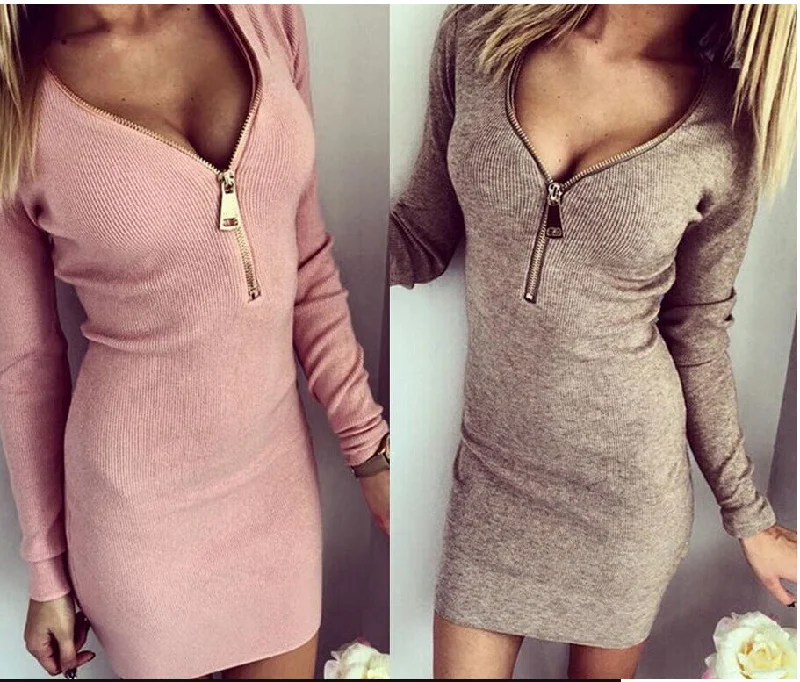 Tight-fitting hip thread v-neck warm long-sleeved dress