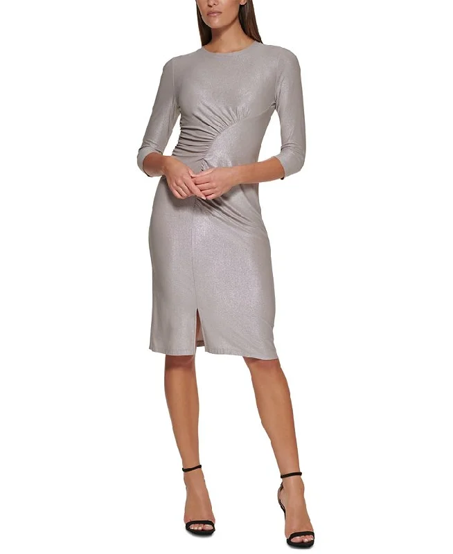 Tommy Hilfiger Women's Fog Foil Knit Ruched Sheath Dress Beige Size Large