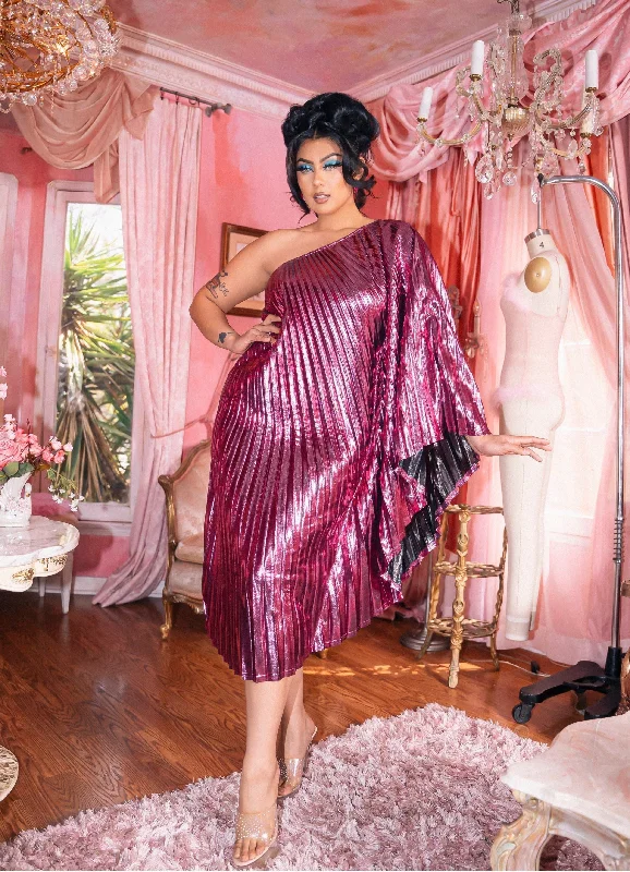 Vibrant Pink Metallic One Shoulder Caftan Dress